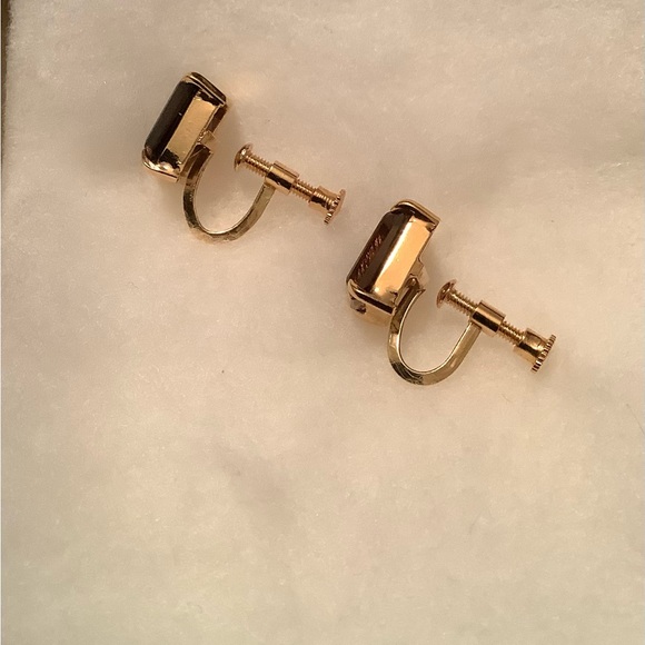 NEW Vintage Semi-precious Smoky Topaz Earrings screw on - Picture 3 of 8